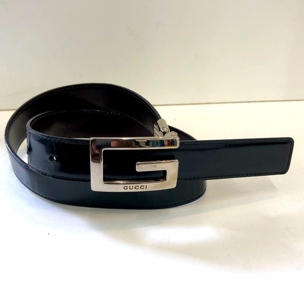 Gucci Tom Ford Era Black Chrome Square G Buckle Belt (S)